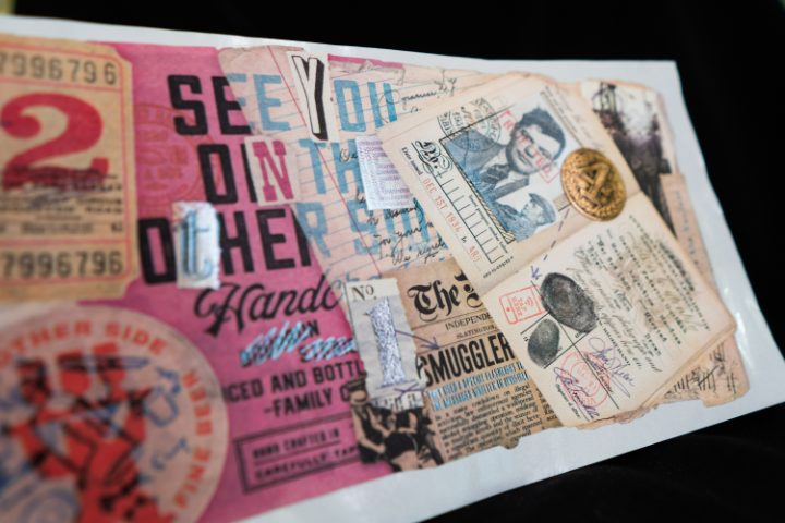 Etiqueta ilustrada estilo collage vintage, en primer plano